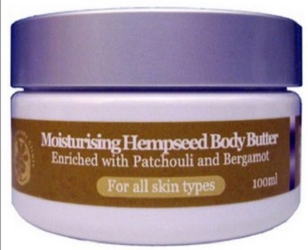 Jar of moisturizing hemp seed body butter with vitamin E
