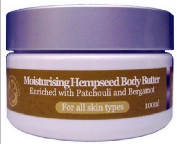 Jar of moisturizing hemp seed body butter with vitamin E