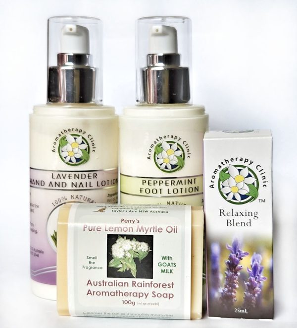 Relaxing Gift Pack: Lavender hand lotion, peppermint foot lotion, Relaxing Blend and goats milk soap