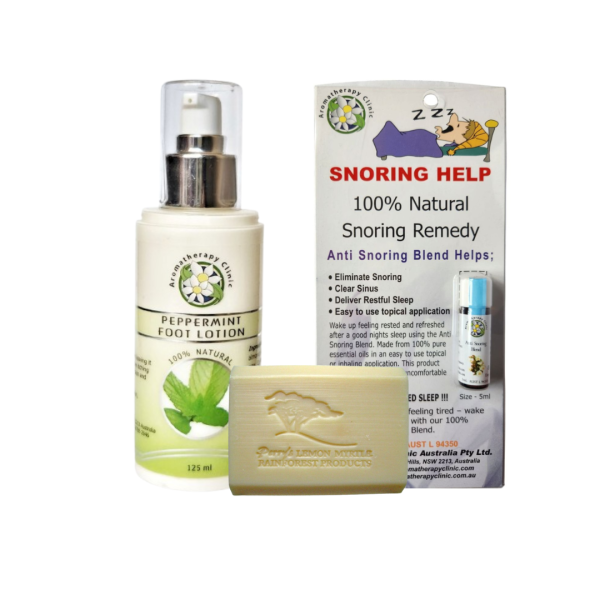 Recharging Set includes Peppermint Foot Lotion, 5 mL Anti Snoring Blend, Goat's Milk Soap
